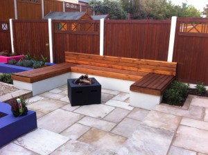 Built in Seating area with outdoor gas fire pit